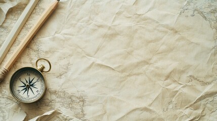 Vintage map with compass and pencil for adventure planning and exploration. Generative AI