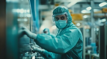 A factory worker wearing protective gear operating machinery on a production line