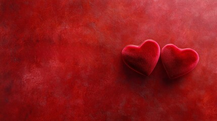 background, valentine's day banner, gold color  two 3D velvet red hearts on a red elegant background, free space for text 