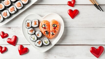banner design, background for valentine's day menu design with heart shaped plate with assorted sushi and rolls on white wooden table, top view, free space for text,  photo 