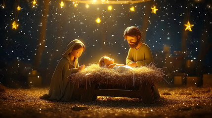 Christmas nativity scene of born child baby Jesus Christ in the manger with Joseph and Mary.illustration Christmas Nativity Scene banner background of baby Jesus in the Christmas with Mary and Joseph © Prasanth