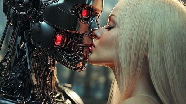 A mesmerizing moment captures the intimate interaction between a human and an advanced robot in a surreal, sci-fi environment, blurring the lines of emotion and artificiality