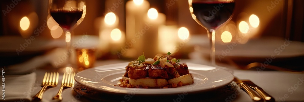 Poster luxurious dining table set for a gourmet meal with elegant candlelight ambiance in a fine dining set