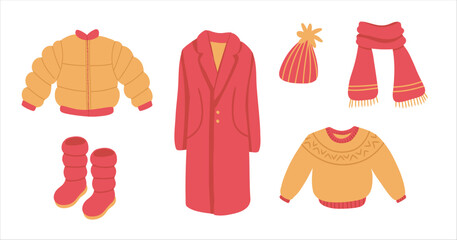 Winter and Autumn Casual Clothes Collection. Sweater, hat, scarf, boots, jacket, coat in minimalistic simple flat style.