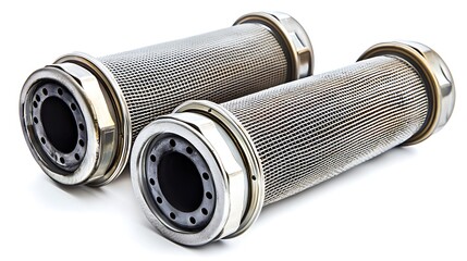 Two cylindrical metal filters used in industrial applications for fluid filtration.