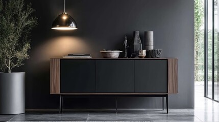Modern sideboard with decorative items and lighting in a stylish interior setting.