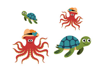 Naklejka premium A flat illustration of a white background with various ocean animals.