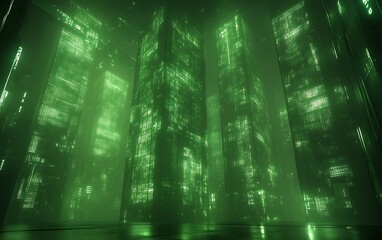 Futuristic green digital city at night.