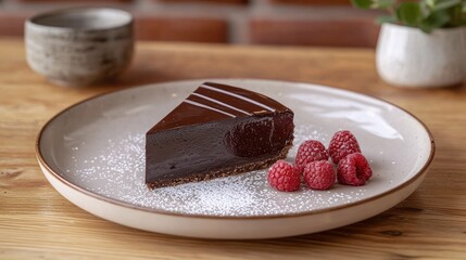 Slice of chocolate cake with raspberries on a plate.