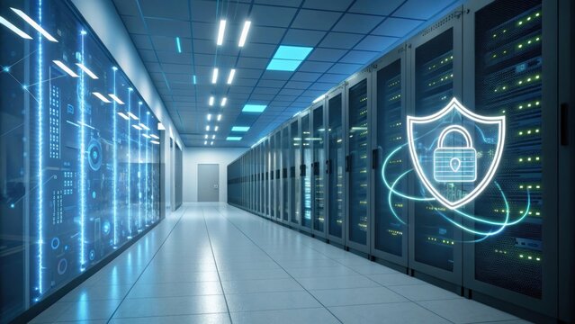 Glowing digital shield with padlock symbolizes robust data protection within a modern data center, safeguarding sensitive information from cyber threats in a secure server room environment