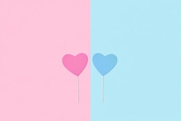 Minimalistic love wallpaper with pink and blue background featuring two hearts in  free space for text 