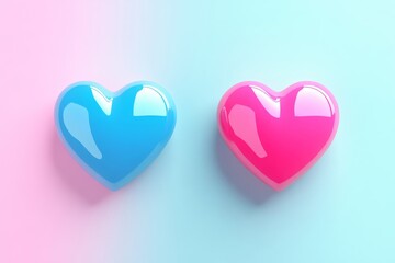 Minimalistic love wallpaper with pink and blue background featuring two hearts in  free space for text 