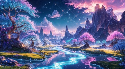 Surreal beautiful abstract background scene of an Imaginary journey in a fantasy world with surreal landscape with magical elements, stars, high mountains and pink clouds