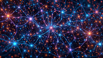Abstract visualization of a neural network with glowing blue and orange connections