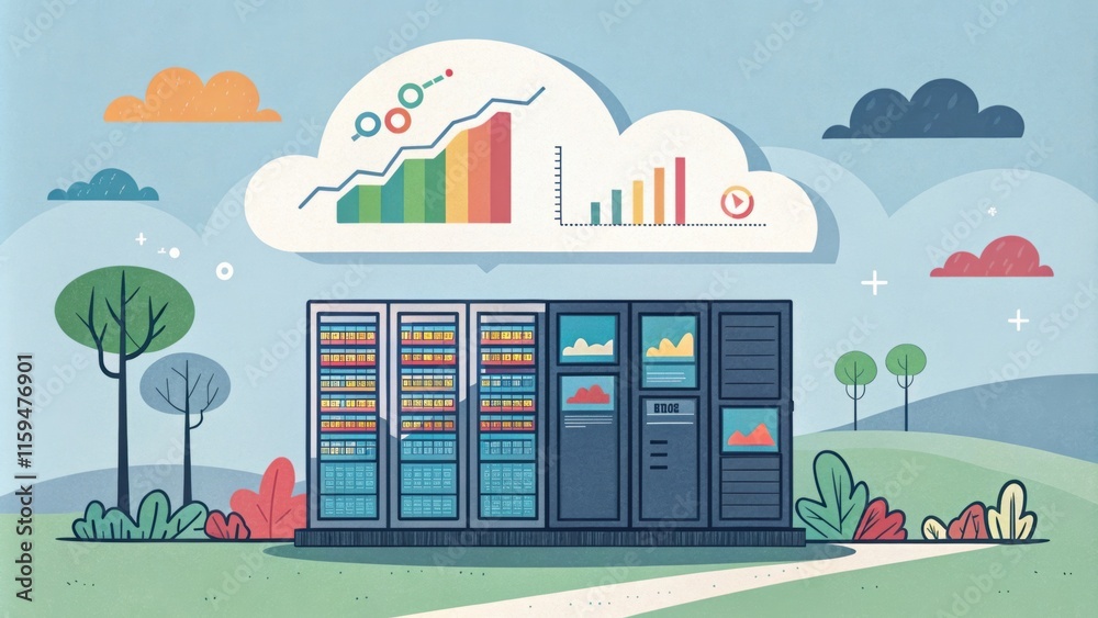 Poster server landscape showing positive growth and data processing in cloud computing, with colorful bar c