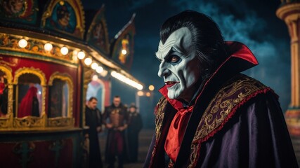 Obraz premium Persona con Disfraz de Carnaval de Vampiro, con Capa Oscura y Bordados Dorados con Forro Rojo, Perfecto para Proyectos Gráficos de Fiestas y Festividades