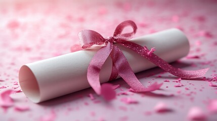 Rolled certificate tied with pink ribbon on pink background.