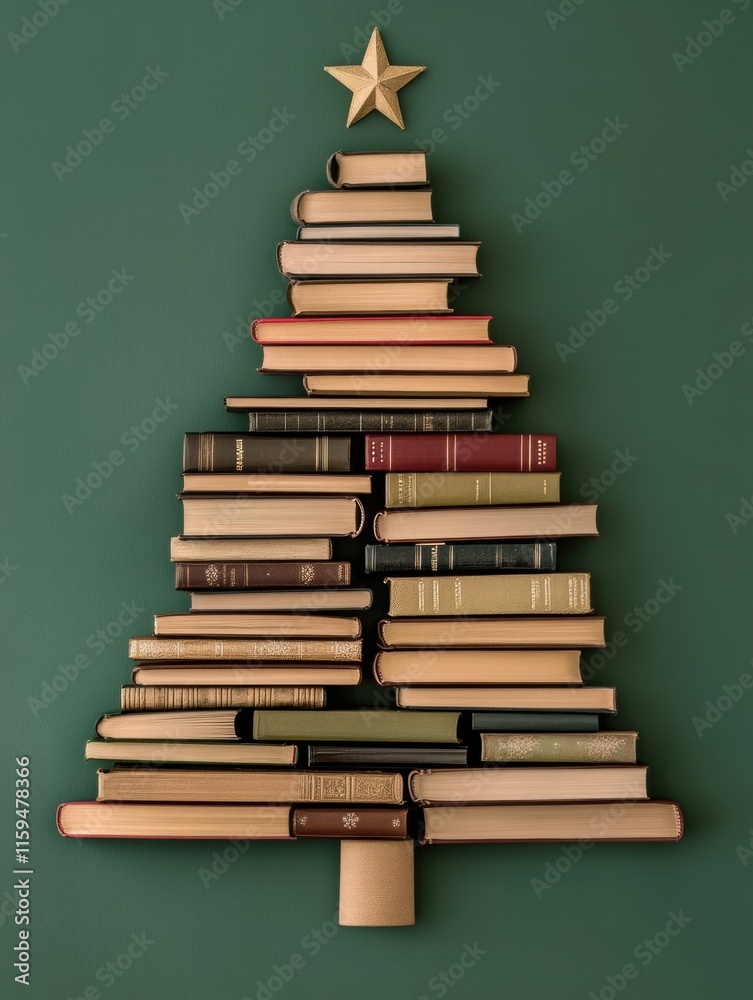 Poster Unique Christmas tree creatively constructed from stacked books against a vibrant green background for festive cheer. Generative AI