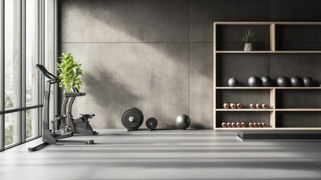 Contemporary minimalist workout space with minimal decor. Featuring clean lines and an efficient layout