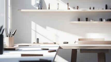 Contemporary minimalist workshop with minimal decor. Featuring a clean, open design with modern lines