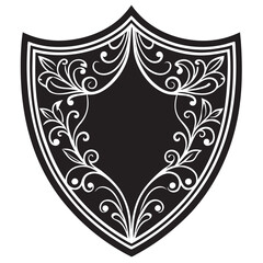 A black and white shield with ornate design 