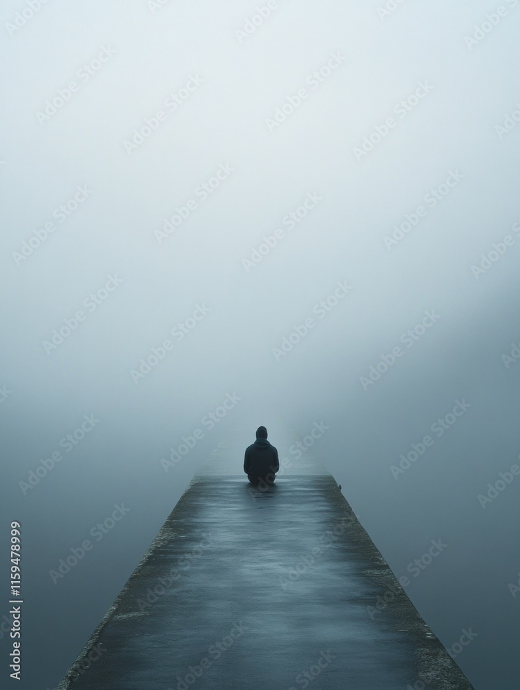 Fototapete a lone figure sitting on the edge of a foggy bridge evokes feelings of deep introspection and isolat