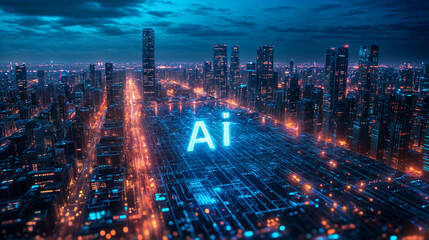 Fototapeta premium Futuristic night city interconnected with AI 