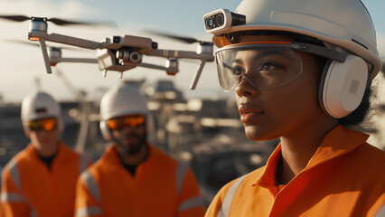 A diverse engineers team utilizes drone technology for construction site monitoring and efficiency, Advanced construction technology.