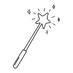 Magic wand vector icon in doodle style. Symbol in simple design. Cartoon object hand drawn isolated on white background.