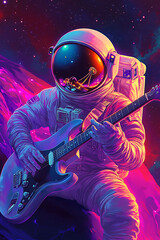 An astronaut playing an electric guitar in a vibrant cosmic setting.