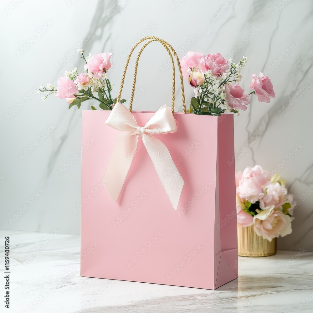 Wall mural Elegant pink wedding gift bag with bow and ribbon.