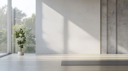 Contemporary minimalist yoga studio with minimal decor. Featuring a clean, open design with sleek lines