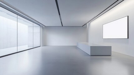 Elegant minimalist art gallery with minimal decor. Featuring a clean, open design with sleek lines