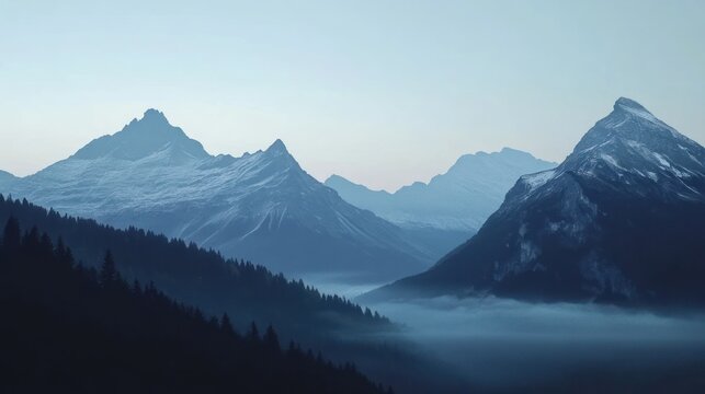 Misty mountain range at dawn, shrouded in blue hues. - Powered by Adobe