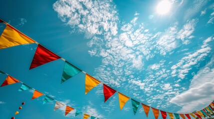 Charming vintage pastel bunting decorations against a bright blue sky for festive celebrations