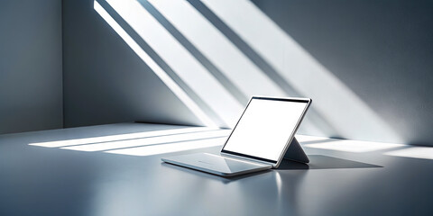 A sleek laptop stands on a simple desk in a well-lit workspace, illuminated by soft afternoon sunlight creating striking patterns on the surface. The atmosphere is calm and inviting