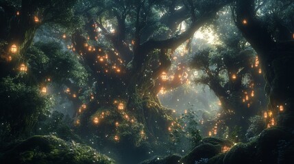 Fototapeta premium Enchanted forest scene with towering trees, dew drops on moss-covered branches, and warm ambient lighting. generative ai