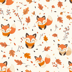Amigurumi seamless pattern of playful foxes with autumn leaves crafting guide for knitting and crocheting small yarn projects
