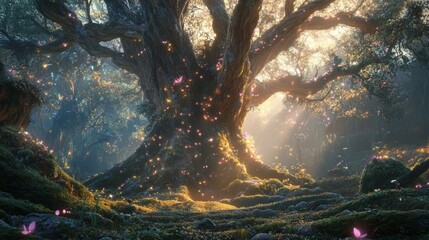 Enchanted forest scene with towering trees, dew drops on moss-covered branches, and warm ambient lighting. generative ai