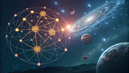 Naklejka premium Complex neural network interacting with planets and galaxy, symbolizing artificial intelligence expanding into the cosmos and exploring new frontiers in space exploration