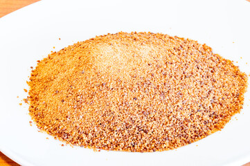 View on Coconut sugar. Pile of coco sugar also known as coconut palm sugar or coconut blossom sugar.