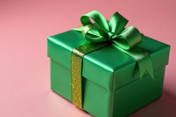Fototapeta premium Close-up of glittery green gift box with satin bow tied neatly in front, decorative packaging, ribbons, gift wrapping paper