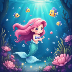 Obraz premium Happy mermaid collecting pearls in vibrant underwater kingdom, magic