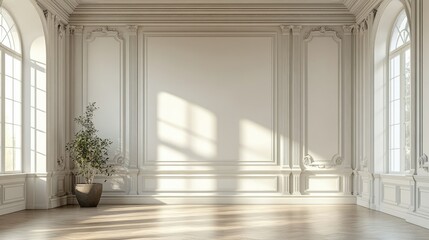 Fototapeta premium Elegant Room Interior Design: Sunlit Classic White Walls, Hardwood Floor, and Ornate Moldings