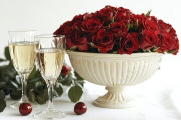 Valentine's Day setting with roses and champagne glasses on a white background.
