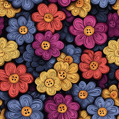 Colorful crocheted flowers with buttons, arranged in a vibrant pattern against a dark background, creating a lively and decorative textile design.
