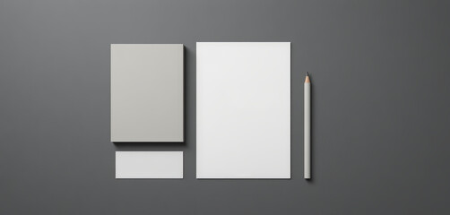 A minimalist workspace showcases a well-organized arrangement of gray and white stationery. The clean layout includes a notepad, a large sheet, and a pencil, creating a modern look