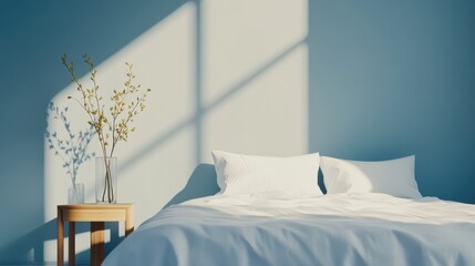 Elegant minimalist bedroom with minimal decor. Featuring clean lines and a restful environment