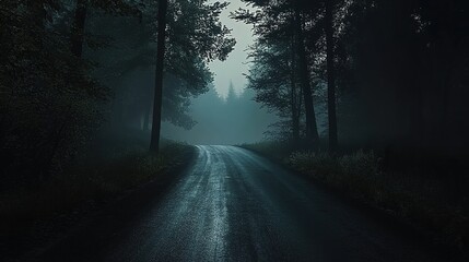 A dark road winds through the forest, the night sky casting an eerie atmosphere. 
