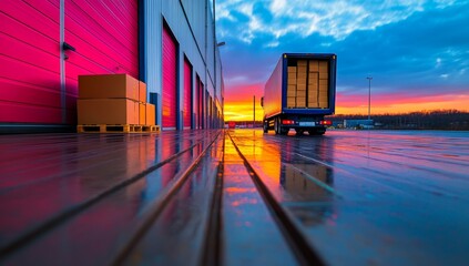 Fototapeta premium Truck Unloading Boxes into Industrial Warehouse Cargo Area at Dusk